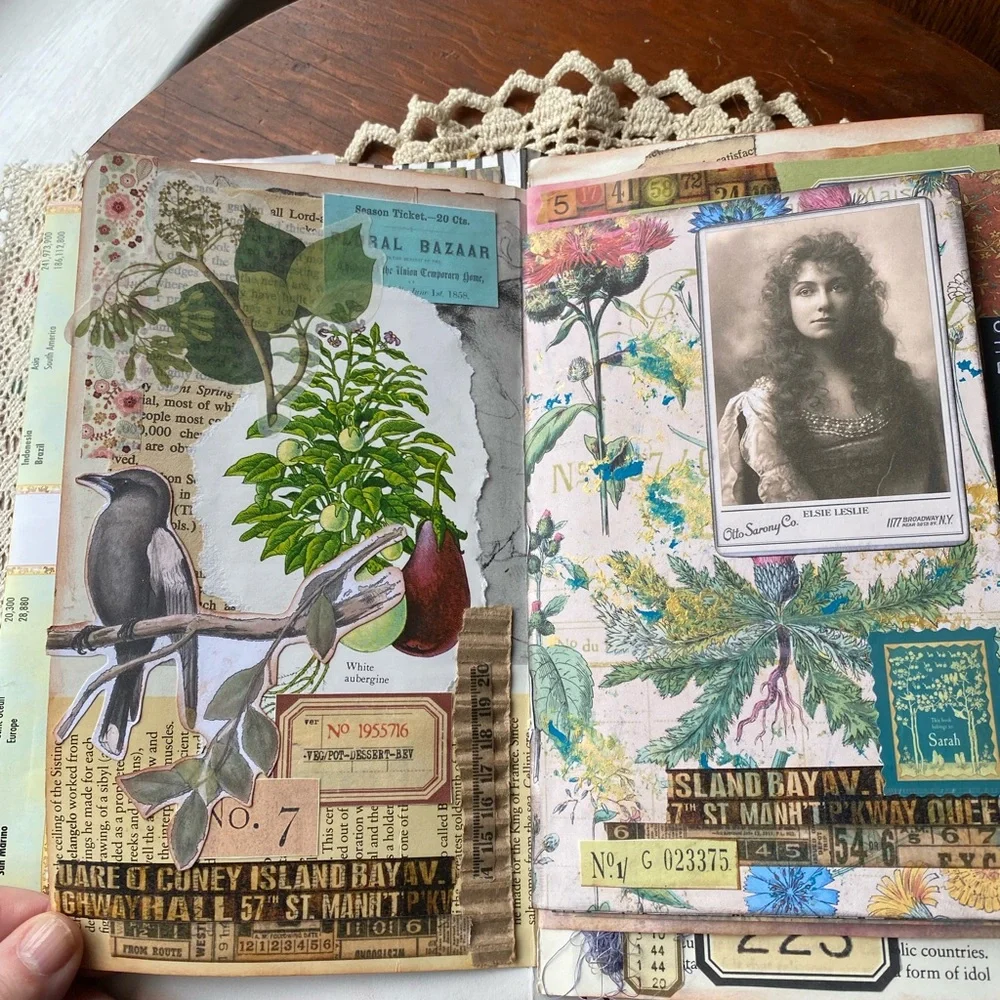 NWT Vintage Hand Crafted Mixed Media Lady & Birds Art in Green and Brown